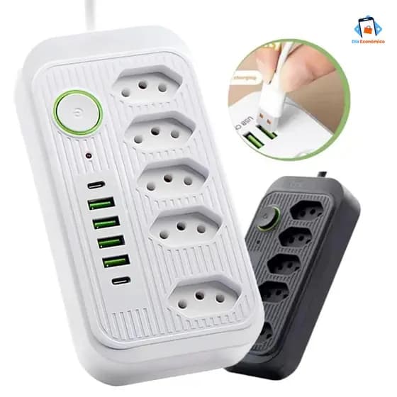 Filtro De Linha 5 Tomadas Com 4 USB E USB Tipo C 2500W 200cm Extensão Energia Bivolt