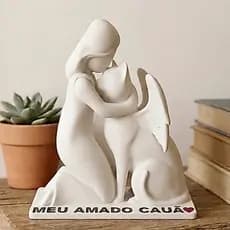 Escultura Mulher e Gato | Homem e Gato Homenagem Pet Com Asas Decoração Casa Presente Personalizável