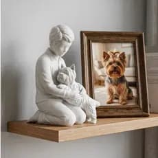 Estátua Escultura Decorativa Menino/Homem Abraçando Cachorro Yorkshire Pet