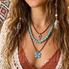 Conjunto de Colares Contas Turquesa Vintage Retrô Elegante - Colar Boho Ocidental em Camadas