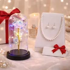 KIT PRESENTE Rosa Encantada + Colar e Brincos de Pérolas – Elegante e Romântico