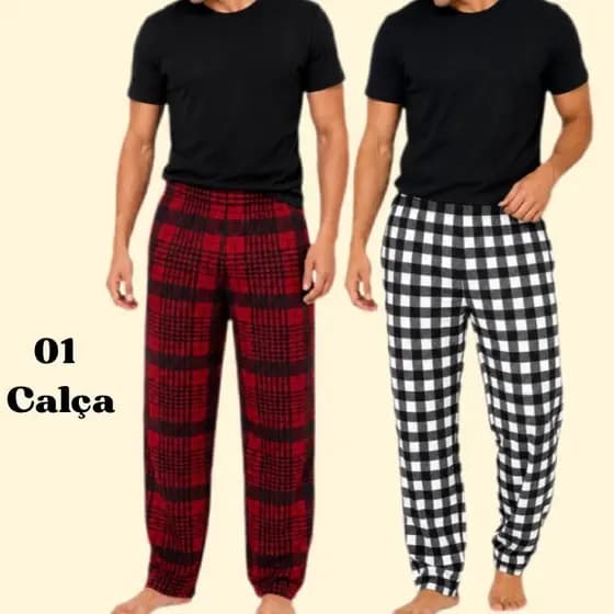 01 Calça de Pijama Xadrez Masculina Fininha Poliéster Confortável Para Dormir