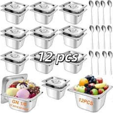Kit 12 Cuba Inox Sorvete 1/6x100mm Cubas Gastronômicas Com Tampas E Colheres + ENVIO RÁPIDO