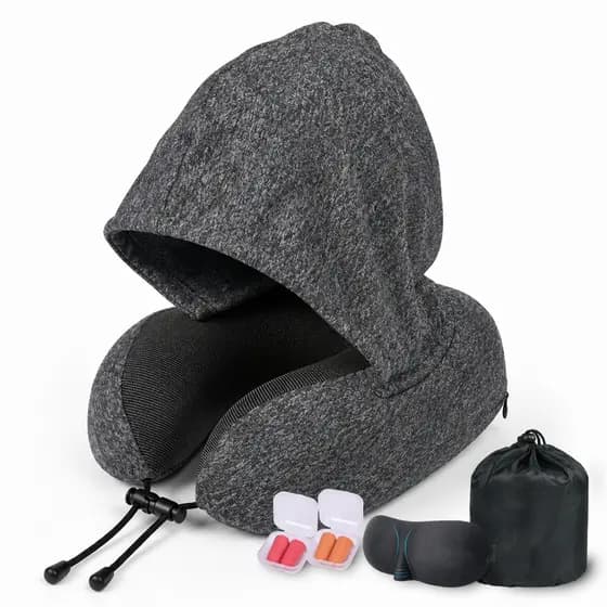 Almofada de Pescoço Ergonômica de Espuma – Travesseiro de Viagem Confortável com ou sem Capuz