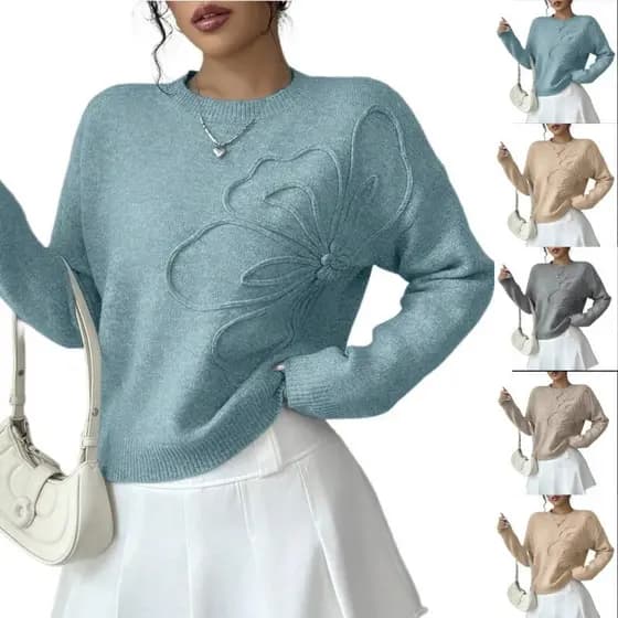 Olá * Suéter Feminino com Apliques Florais 3D, Decote Redondo, Manga Longa, Ombros Caídos, Pulôver Elegante de Tricô 844