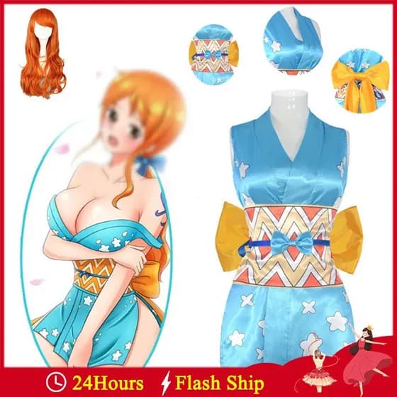 Kimono de Cosplay da Nami de One Piece para Mulheres, Fantasia de Festa de Halloween, Yukata com Conjunto de Peruca para