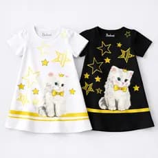 Vestido Infantil Menina Gatinho 100% Algodão Verão Manga Curta Preto Branco G ao 08 Anos