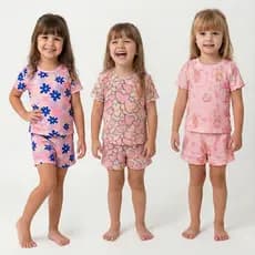 Conjunto Infantil Menina Verão Blusa Short Baby Look Estampado Flores Ursinho Coração 1 ao 8