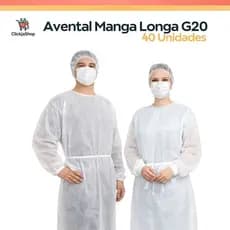 Kit 40 Aventais Descartáveis TNT Branco G20 Manga Longa Com Elástico e Amarração