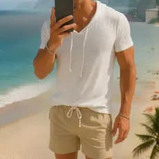 Camiseta Masculina Branca Com Capuz Manga Curta Verão 2026