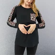 Nova roupa de maternidade, adequada para amamentação, blusa de manga comprida com estampa de leopardo e decote redondo**