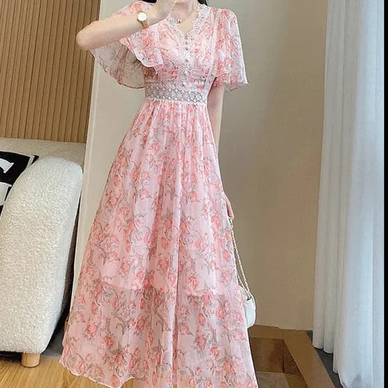 Novo Vestido Floral de Verão com Toque Sofisticado, Jovem e Elegante, Estilo Socialite Chique, Decote em V, Cintura Marc