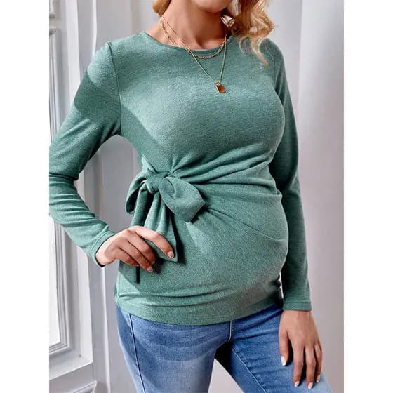 Blusa de manga comprida de cor sólida com decote redondo para gestantes, com cinto.