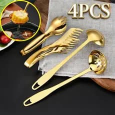 Talheres Kit 4/11 De Aço Inox Servindo Utensílios Pinça para pão, pinça para bife colher de sopa Dourado Conjunto Colher