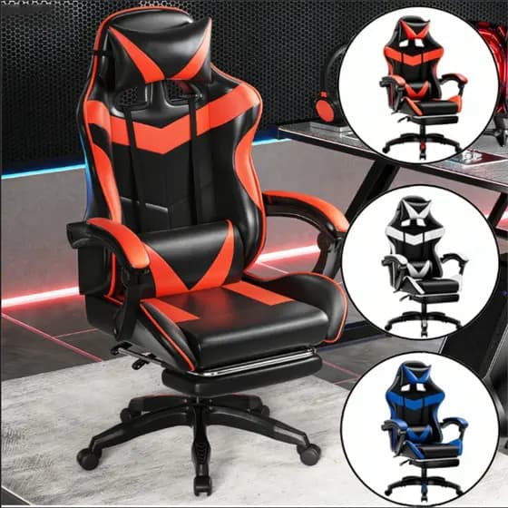 Cadeira Gamer Reclinável Ergonômica com Apoio para Pés Couro Sintético Preto e Vermelho