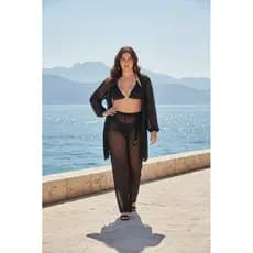 Saida De Praia Plus Size Conjunto Blusão Manga Longa e Calça Com Cordão Em Tule