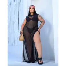 Saída De Praia Vestido Longo Regata Plus Size de Tule (Estilo Gringa)