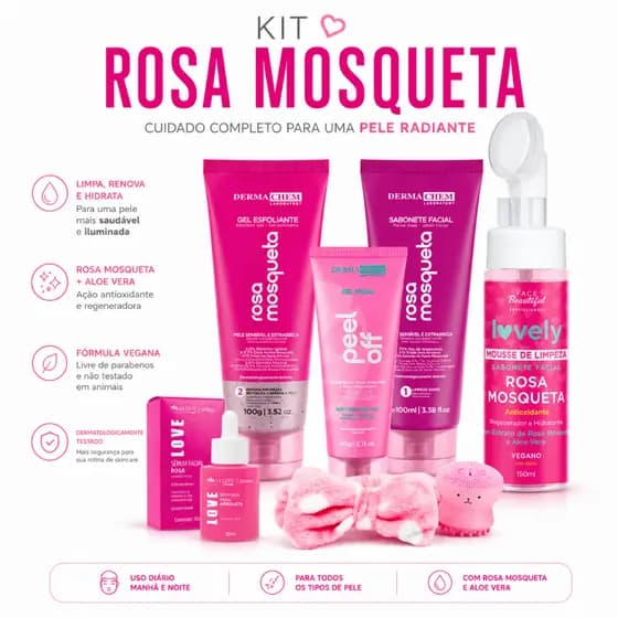 Rosa Mosqueta kit skincare limpeza de pele rotina de cuidado com o rosto