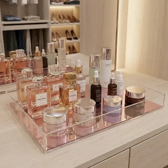 Bandeja Espelhada Rosa Organizadora Para Skincare Cremes Perfumes Decorativa Closet Maquiagem