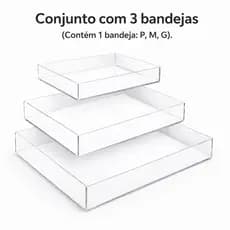 Conjunto Com 3 Bandejas (1 P; 1 M; 1 G)Acrílico Transparente Cristal Multiuso Decoração Organização