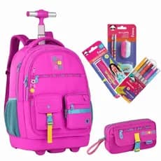 Super Kit Escolar Luluca Juvenil Com Material Escolar Mochila Carro com Estojo e Material Escolar Cor Rosa Clio Style