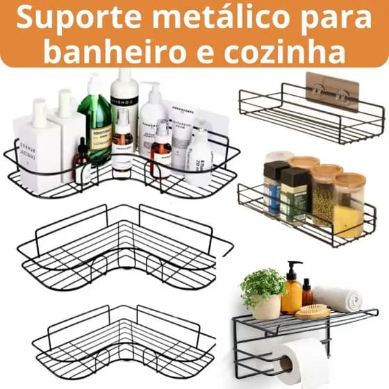 Suporte Para Banheiro Adesivo de Parede Cozinha Metal Shampoo Cozinha Organizador Casa Metálico Kits e Unitário