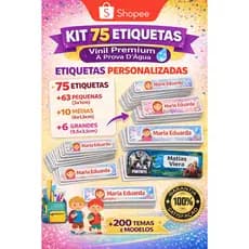 Kit Etiquetas Personalizadas Infantil Escolar 75 Unidades À Prova D’Água +200 Temas Exclusivos