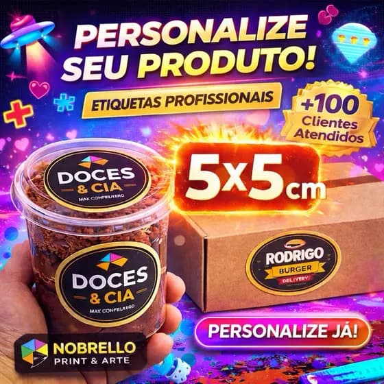 Etiquetas Personalizadas 5x5cm Vinil Premium À Prova D’Água Alta Fixação Ideal para Delivery e Doces