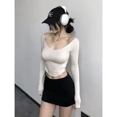 Cor sólida com decote em U exposto clavícula manga comprida camiseta feminina primavera outono estilo básico decote gran