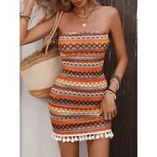 INS Primavera Verão Sem Mangas Tubo Top Slim-fit Vestido Estilo Férias Menina Quente Colorido Bordado Franjas Saia De Ma