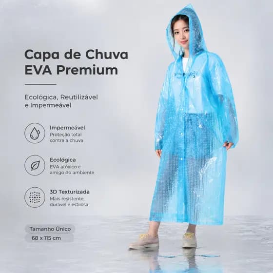 Capa de Chuva EVA 3D Reutilizável Adulto Longa Impermeável 5 Cores Leve Portátil