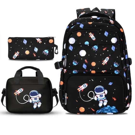 Mochila Escolar Infantil Com Estojo E Bolsa Para Lanche, Vários Compartimentos, Impermeável E Reforçada, Tema Astronauta