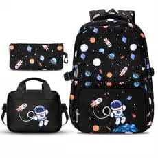 Mochila Escolar Infantil Com Estojo E Bolsa Para Lanche, Vários Compartimentos, Impermeável E Reforçada, Tema Astronauta