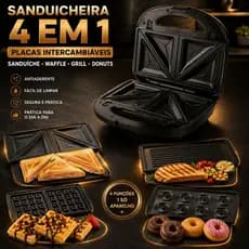 Sanduicheira 4 em 1 com Placas Removíveis Antiaderente Waffle Grill Mini Bolo 110V 220V