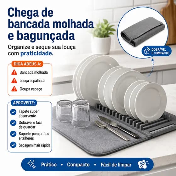 Escorredor de Louça Dobrável 2 em 1 com Tapete Absorvente para Cozinha Organizador de Pratos Copos Talheres Panelas Cinz