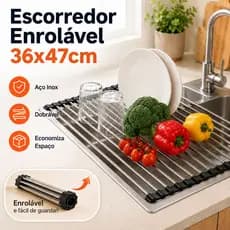 Escorredor Enrolável de Pia 36x47cm Aço Inox Dobrável para Louças Frutas e Cozinha