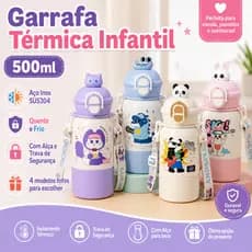 Garrafa Térmica Infantil 500ml Inox com Alça – Copo Escolar com Tampa de Trava Quente e Frio