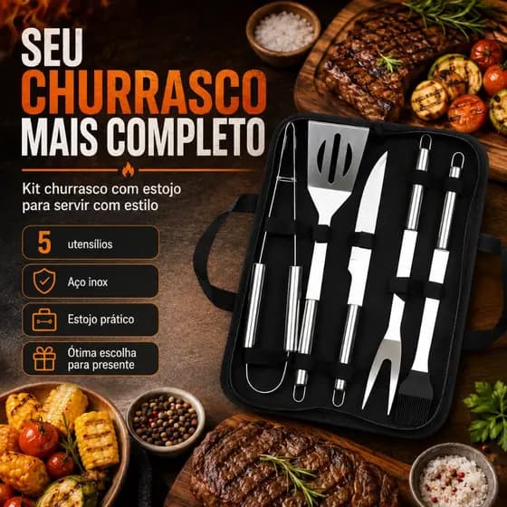 Kit Churrasco Premium com Estojo Aço Inox Utensílios para Churrasco Grill e Camping