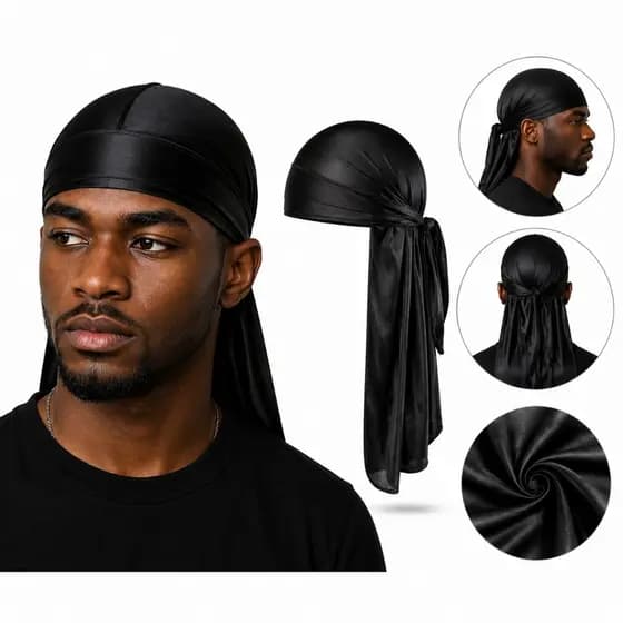 Bandana Durag Waves Touca Afro De Cetim Preto
