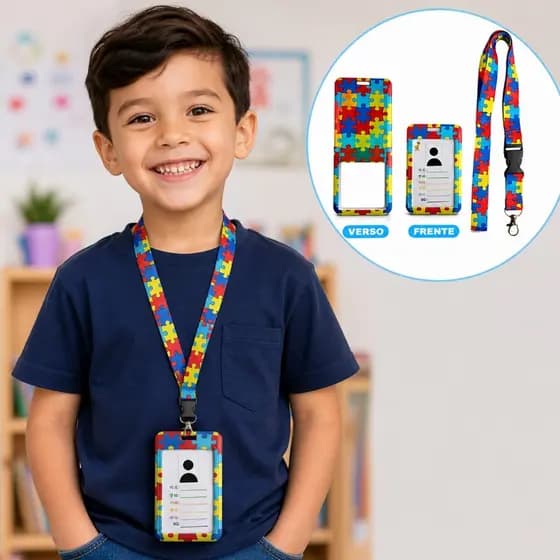 Cordão Autismo TEA PCD com Porta Crachá Resistente Estampa Inclusiva Conjunto Cordão Porta Crachá