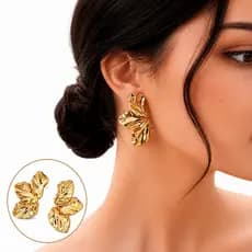 Brinco Meia Folha Pétala Martelado Flor Folheado à Prata925 e Ouro18k