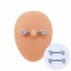 Kit 2 Piercing Aço Inox Mamilo Com Coração Zircônia Nas Pontas 2,5 mm Elegância Brilho Delicado