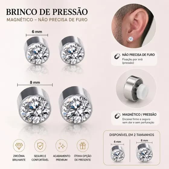 Brinco Falso Pressão Sem Furo Magnético Pedra Zircônia