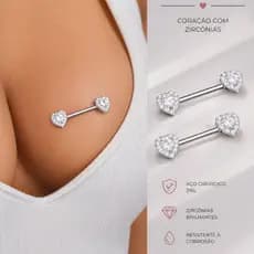 Kit 2 Piercing Mamilo Modelos Coração Nas Pontas Mary Cravejado com Zircônia cristal CORAÇÂO Mary