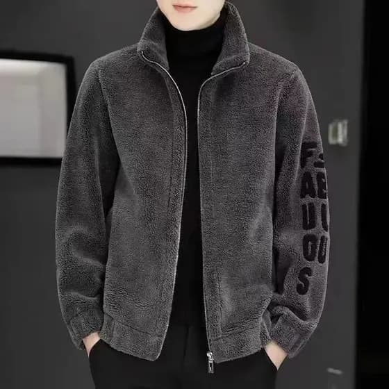 Jaqueta masculina outono inverno corte gola alta jaqueta masculina bordado moletom de lã jaqueta masculina de uma peça.