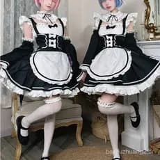 RE : Zero-Vida Inicial Em Outro Mundo Ram Rem Cosplay Maid Lolita Costume Conjunto Muito Completo Com Peruca