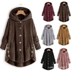 Casaco De Inverno Feminino Plus Size Lã Sintética Com Capuz Teddy Quente Pelúcia Cor Sólida Cardigan P5XG VMLJ .
