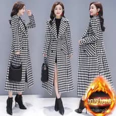 Outono inverno novo estilo xadrez casaco de lã feminino comprimento médio fino-ajuste temperamento moda Houndstooth casa