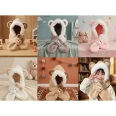 Touca Cachecol Infantil Pelúcia Urso 3 Em 1 Gorro Protetor Orelha MH-96