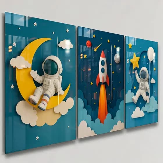 Quadros Decorativos 3 Peças Astronauta Lua Nuvens Azul Menino Criança Infantil Foguete Casa Sala Quarto Decoração Hall